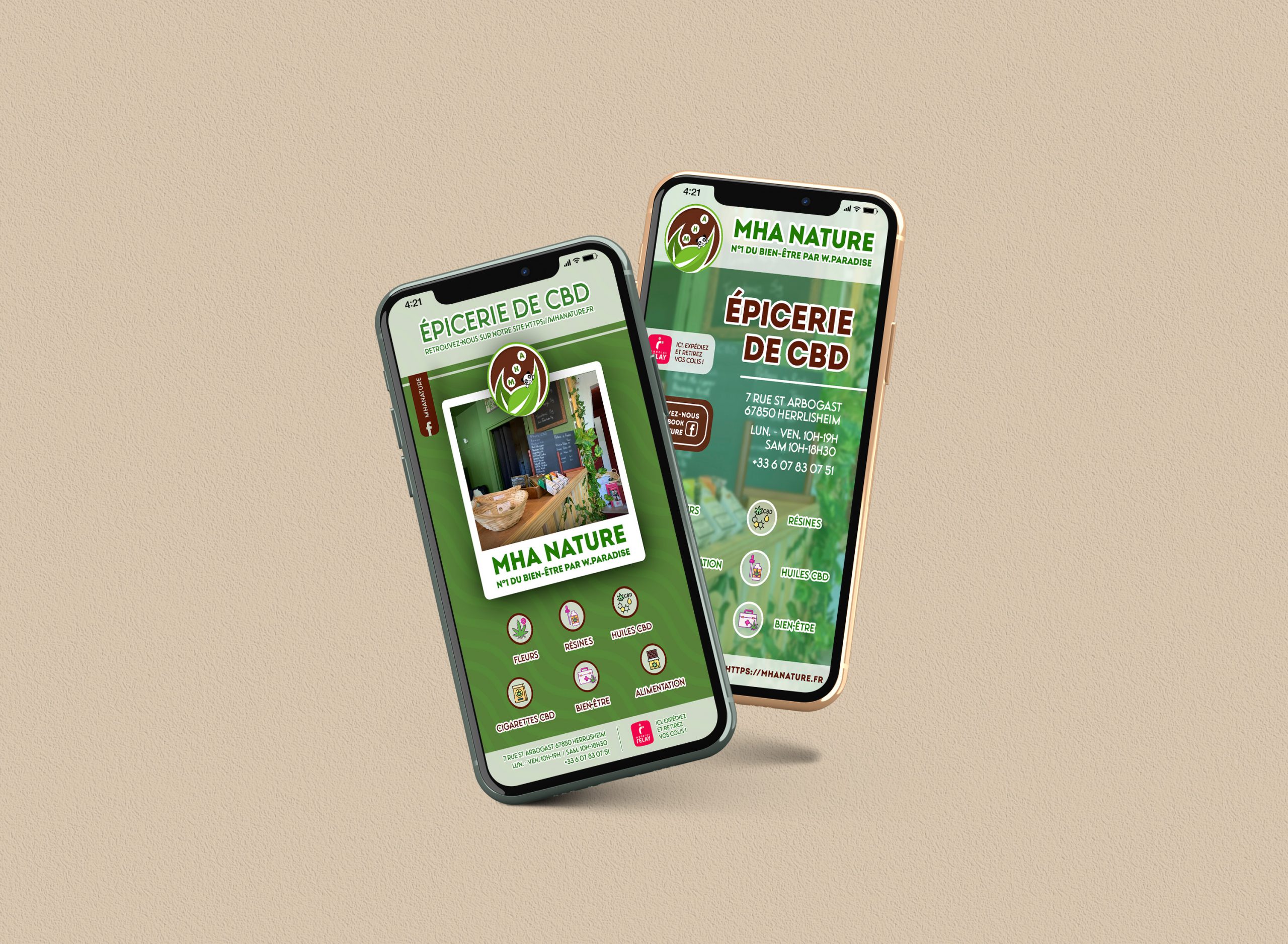 Mockup d'un flyer animé pour l'épicerie de CBD MHA Nature sur écran de Smartphone - Sarah La Selva