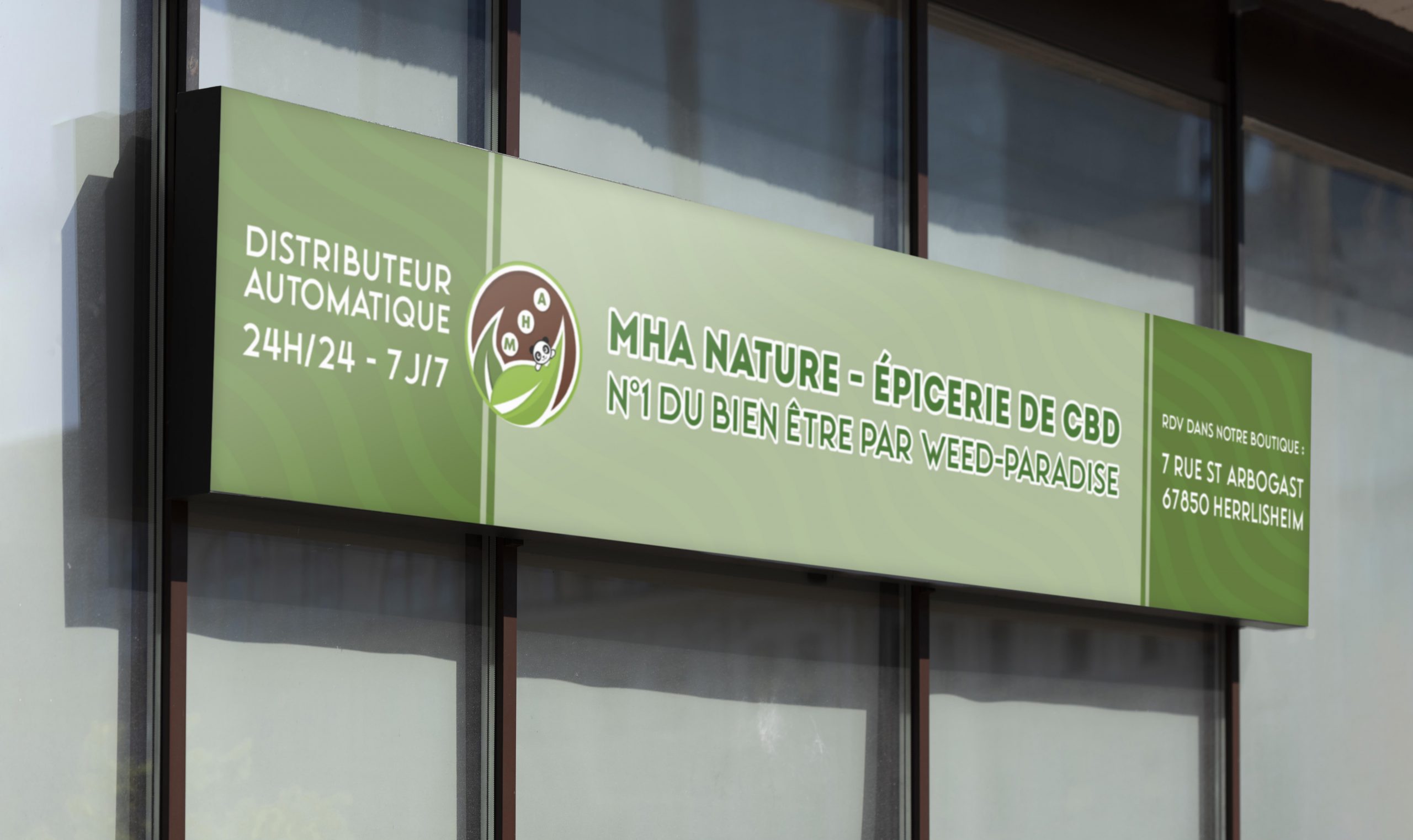 Mockup d'un panneau réalisé pour l'épicerie de CBD MHA Nature (environnement fictif) - Sarah La Selva