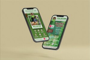 Mockup - Flyer sur un écran de smartphone pour l'épicerie de CBD "MHA Nature" - Sarah La Selva