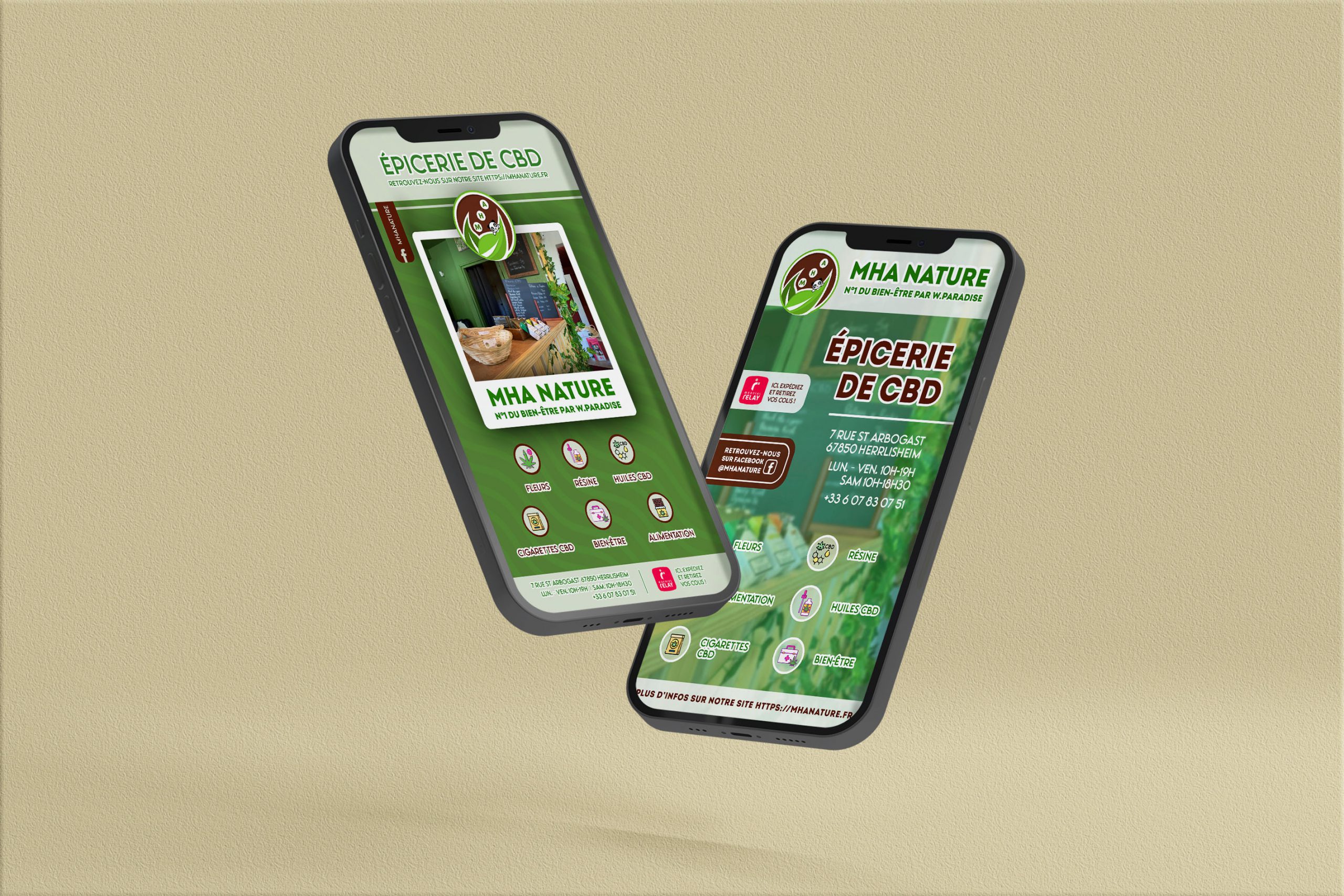 Mockup - Flyer sur un écran de smartphone pour l'épicerie de CBD "MHA Nature" - Sarah La Selva